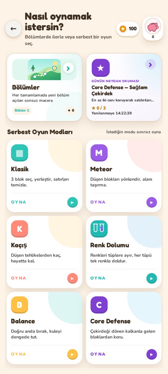 6 oyun modu + bölümler